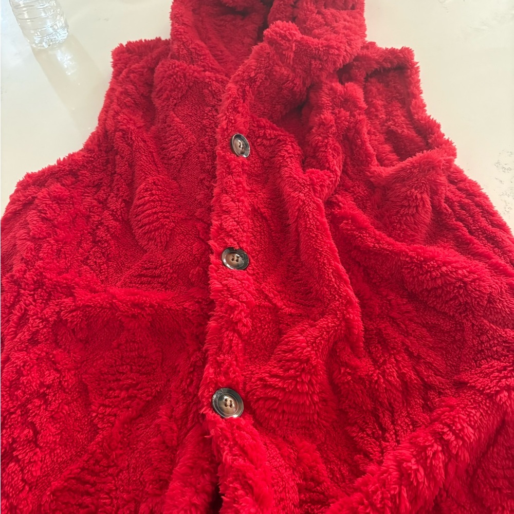 Plush Red Button-Up Hooded Vest